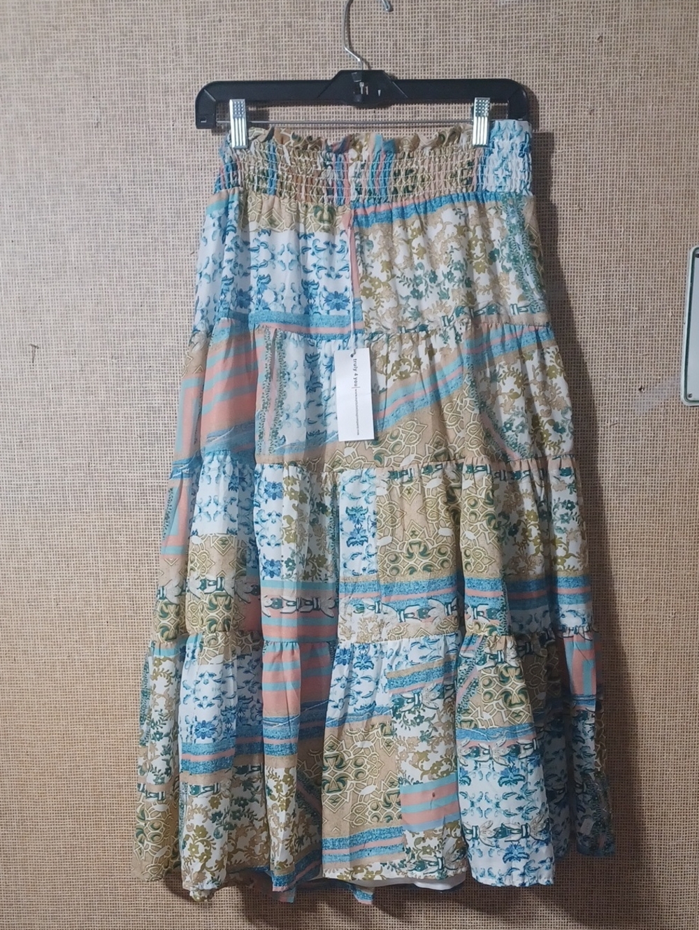 Boho Tiered Patchwork Maxi Skirt - Blue, Tan, Cream